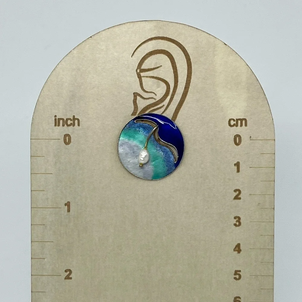 Vintage Sterling Silver Enamel Earrings Freshwater Pearl Blue Beachy Artsy